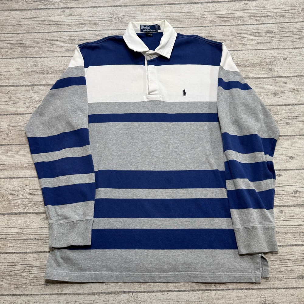 Polo Ralph Lauren Rugby Shirt Men's Medium Blue Gray Striped Long Sleeve Cotton